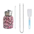 Bling rhinestone belly thermos cup with pearl chain and brush, portable outdoor water bottle. - 300ml / Pearl Chain + Metal Chain + Brush Set / Leopard Pink