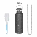 Rhinestone Insulated Water Bottle 750ml with Chain Strap and Cup Brush Black Style - 750ml / With Sponge Brush / Black Mesh Silver Rhinestones