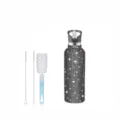 Schwarze Strass Edelstahl Vakuum isolierte Wasserflasche mit Strohhalm und Bürsten. - Schwarzes Netz Silberne Strasssteine