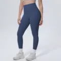 High waist solid navy blue women yoga leggings for fitness workout running gym sportswear detail. - S / Bottoms / Navy Blue (7140)