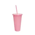 Close-up detail of the pink plastic tumbler featuring a matching lid and convenient straw. - Mocha Coffee