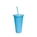 Blue plastic cold cup detail view, featuring reusable straw and matching lid design for drinks. - Morandi Blue