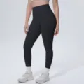 High waist black yoga pants for women, breathable fitness running workout sportswear detail. - S / Bottoms / Black (7140)