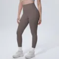 High waist detail and fit of breathable solid color stretch yoga pants for women fitness. - S / Bottoms / Khaki Brown