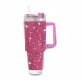 40oz rhinestone insulated tumbler with handle, straw and bluetooth speaker in pink color. - Rose Red