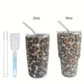 20oz 30oz bling rhinestone stainless steel vacuum tumbler with metal straw and brush - 600ml / With Cleaning Brush Set / Gold Leopard Print