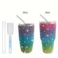 Gradient rhinestone stainless steel tumbler 20oz 30oz set with straws and cup cleaning brush. - 600ml / With Cleaning Brush Set / Rainbow