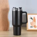 Stainless steel 40oz tumbler detail view, black vacuum insulated travel mug with handle straw. - 1200ml (40oz) / Black