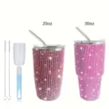 20/30oz Pink Rhinestone Tumbler Set with Straw and Brush, Bling Stainless Steel Insulated Cup - 600ml / With Cleaning Brush Set / Rose Red