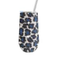6oz bling rhinestone insulated tumbler stainless steel vacuum cup with straw shiny surface details - Leopard Blue