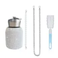 Bling rhinestone stainless steel belly thermos bottle with pearl chain strap and cup brush. - 300ml / Pearl Chain + Metal Chain + Brush Set / AB Color