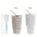 20oz 30oz rhinestone stainless steel insulated tumbler with straw and cleaning brush set - 600ml / With Cleaning Brush Set / Silver
