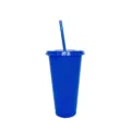 Blue 24oz plastic tumbler with straw and lid, reusable cold cup for outdoor party drinks. - Dark Blue