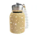 Bling rhinestone stainless steel insulated water bottle with pearl strap portable cute travel mug - 300ml (10oz) / Bright Gold (Pearl Decor)
