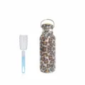 Bling rhinestone stainless steel vacuum water bottle with bamboo lid and cleaning brush set. - Leopard Print