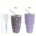 20oz 30oz Bling Rhinestone Stainless Steel Tumbler with Straw and Cleaning Brush Set - Purple