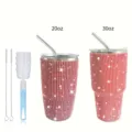 Rhinestone Stainless Steel Tumbler 20oz 30oz Bling Vacuum Insulated Cup with Straw Brush - Red