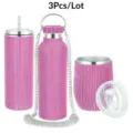 3-piece rhinestone stainless steel water bottle set with straw, chain and lid pink bling tumbler - Three-Piece Set / 750ml+600ml+350ml / Rose Red