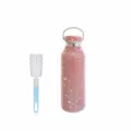 Bling rhinestone stainless steel vacuum insulated water bottle with bamboo lid and cleaning brush. - Rose Gold