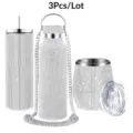 3-piece rhinestone stainless steel tumbler set with straw, chain strap and lid for daily use. - Three-Piece Set / 750ml+600ml+350ml / Silver
