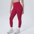 High waist solid color yoga pants, skin-friendly breathable slim fit sports fitness leggings. - S / Bottoms / Carmine (7140)