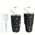 Black rhinestone stainless steel tumbler 20oz 30oz set with straw and cleaning brush. - Black