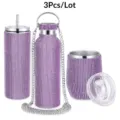 3pcs rhinestone stainless steel tumbler set with chain strap and straw for daily use. - Three-Piece Set / 750ml+600ml+350ml / Purple
