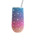 6oz rhinestone U-shaped stainless steel vacuum insulated tumbler with straw and sparkling crystals. - Rainbow