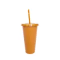 24oz large capacity plastic cold cup with straw and lid, solid color reusable tumbler for party. - Tan