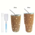 Rhinestone stainless steel tumbler set 20oz 30oz vacuum insulated cup with straw and brush - Gold