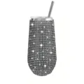 6oz stainless steel rhinestone insulated egg cup vacuum tumbler with straw for cold drinks - Black