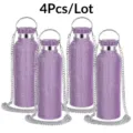 4pcs rhinestone stainless steel insulated water bottles with chain purple travel cups - 350ml / Style with Chain / Four-Piece Set / Purple