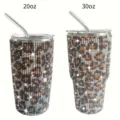 Bling rhinestone stainless steel tumbler 20oz 30oz vacuum insulated travel mug with straw. - Leopard Print