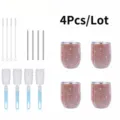 4er Set Strass Edelstahl Weingläser Becher mit Trinkhalmen und Reinigungsbürsten. - 4-teiliges Set (Mit Bürste & Strohhalm) / Roségold
