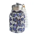 Bling rhinestone stainless steel thermos water bottle with luxury pearl strap handle - 300ml (10oz) / Blue Leopard (Artificial Pearl Decor)