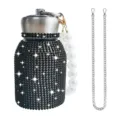 Rhinestone stainless steel belly thermos cup with pearl handle and metal chain strap - 300ml (10oz) / Black (Artificial Pearl and Chain Decor)
