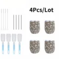 Strass Edelstahl Becher Set 4tlg mit Strohhalmen und Reinigungsbürsten für Getränke. - 4-teiliges Set (Mit Bürste & Strohhalm) / Gold Leopardenmuster