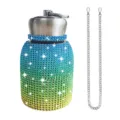 Bling rhinestone stainless steel thermos water bottle with gradient color and metal chain strap - 300ml (10oz) / Rainbow (With Chain)