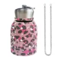Rhinestone stainless steel water bottle with pink leopard print and metal chain strap. - 300ml (10oz) / Pink Leopard Print (With Chain)