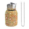 Bling rhinestone stainless steel big belly thermos cup with metal chain portable water bottle - 300ml (10oz) / Multicolored Gold (With Chain)