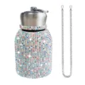 Bling rhinestone stainless steel thermos bottle with chain cute fat belly water cup portable - 300ml (10oz) / Multicolored White (With Chain)