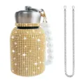Bling rhinestone stainless steel belly thermos water bottle with pearl and chain straps. - 300ml (10oz) / Bright Gold (With Artificial Pearl & Chain)
