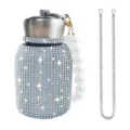 Bling rhinestone stainless steel belly thermos water bottle with pearl strap and metal chain. - 300ml (10oz) / Blue (With Artificial Pearl & Chain)