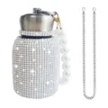 Bling rhinestone stainless steel thermos bottle with pearl handle and metal chain strap for women. - 300ml (10oz) / AB Colorful (Artificial Pearl & Chain Decor)