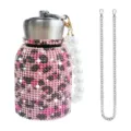 Bling rhinestone stainless steel insulated water bottle with pearl handle and metal strap. - 300ml (10oz) / Pink Leopard Print (Artificial Pearl & Chain Decor)