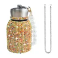 Bling rhinestone stainless steel thermos water bottle with pearl strap and chain for sports. - 300ml (10oz) / Gold Colorful (Artificial Pearl & Chain Decor)