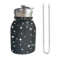 Bling rhinestone stainless steel insulated water bottle with chain strap, black variant. - 300ml (10oz) / Black (With Chain)