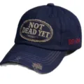 Detailed shot of vintage washed navy blue baseball cap with embroidered patch and side text. - Adult 56-60cm Adjustable / Navy Blue