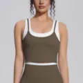 Femme soutien-gorge de sport superposé activewear côtelé contraste yoga crop top fitness course - S / Hauts / Café Thé Brûlé