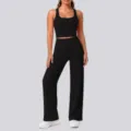 Details des schwarzen nahtlosen Yoga-Sets, Racerback-Top und High-Waist-Hosen-Ansicht. - S / Oberteil und Unterteil / Schwarz